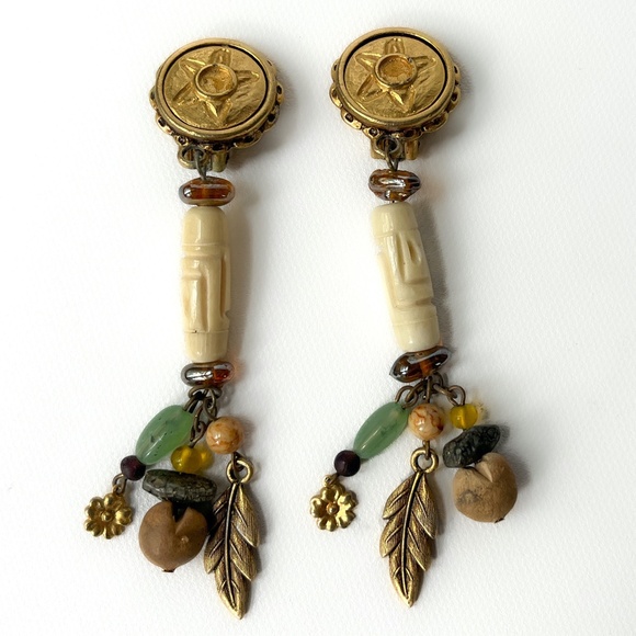 Vintage Robert Rose Long Dangle Clip Earrings Tribal Aventurine Jasper Bone Boho - Picture 1 of 9